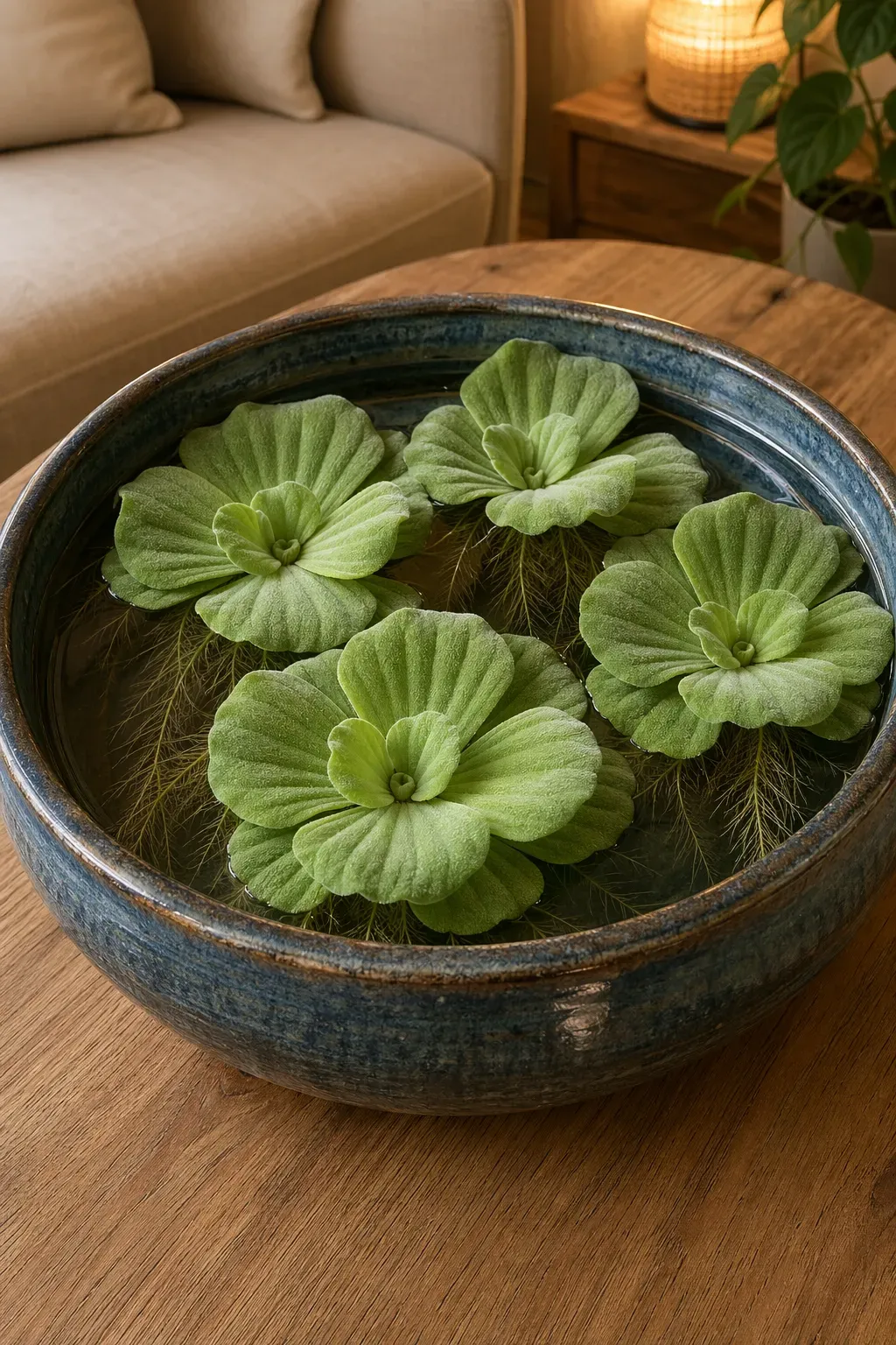 Floating Water Lettuce rosettes in a shallow blue-gray ceramic basin on a wooden table.