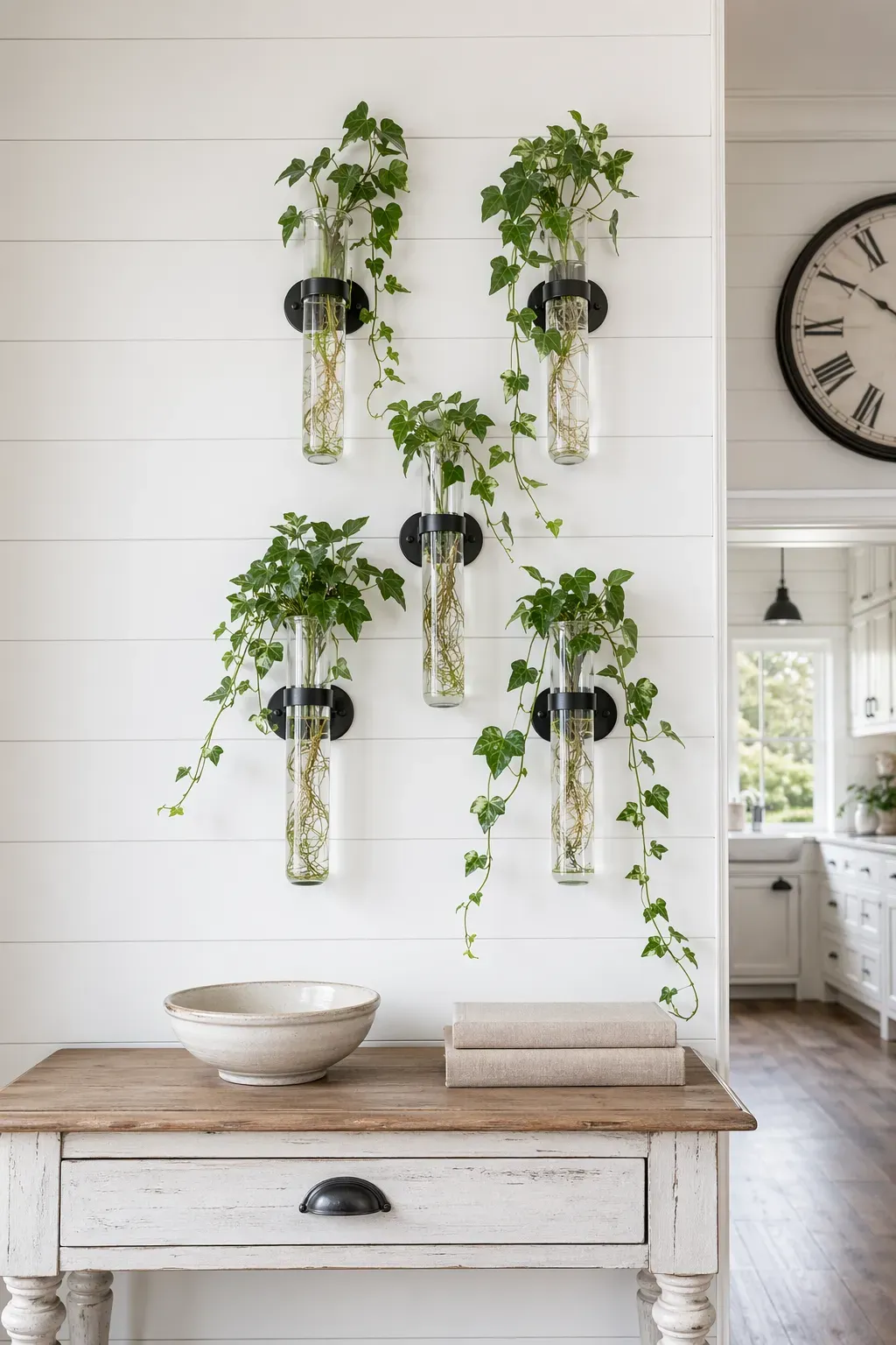 English Ivy cuttings rooting in glass vials mounted on a white shiplap wall.