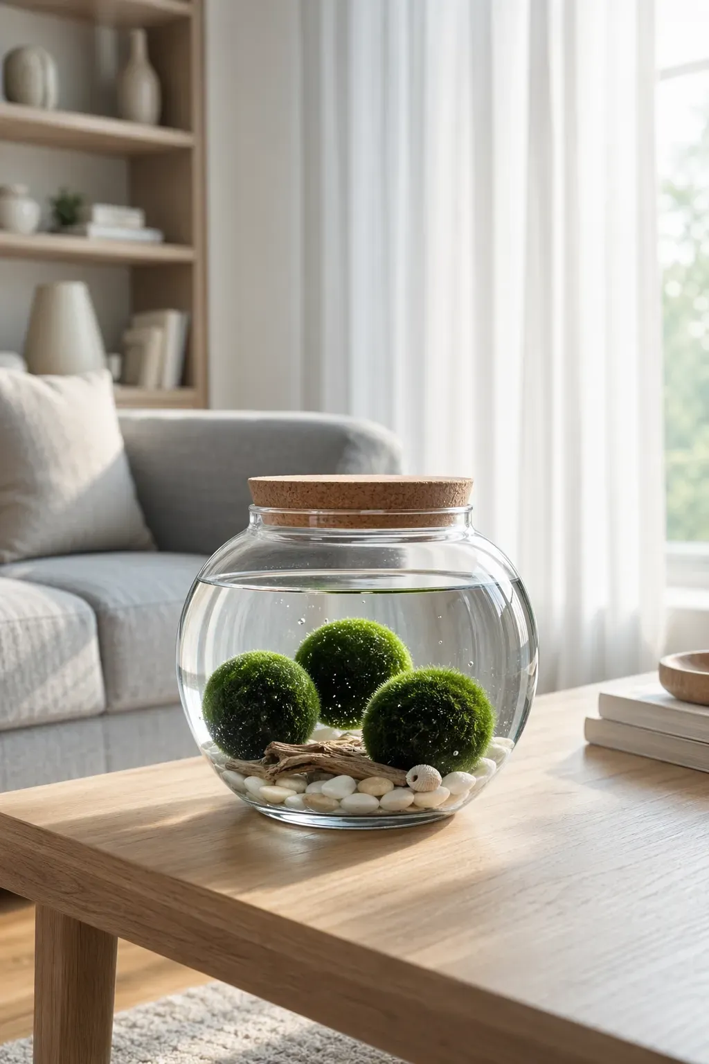 Marimo moss balls in a glass jar with stones and driftwood on a wooden table.