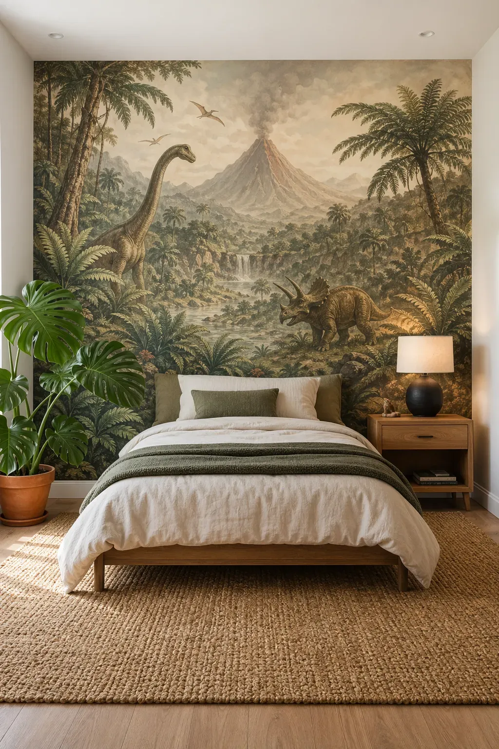 A creative kids bedroom featuring a full-wall mural of a prehistoric jungle with volcanoes.