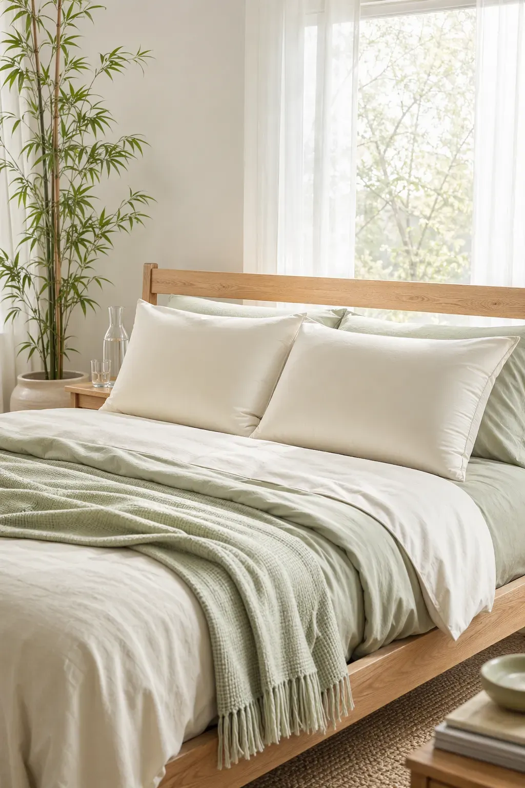 Two soft bamboo pillows on a bed with light green bedding in a sunlit room.