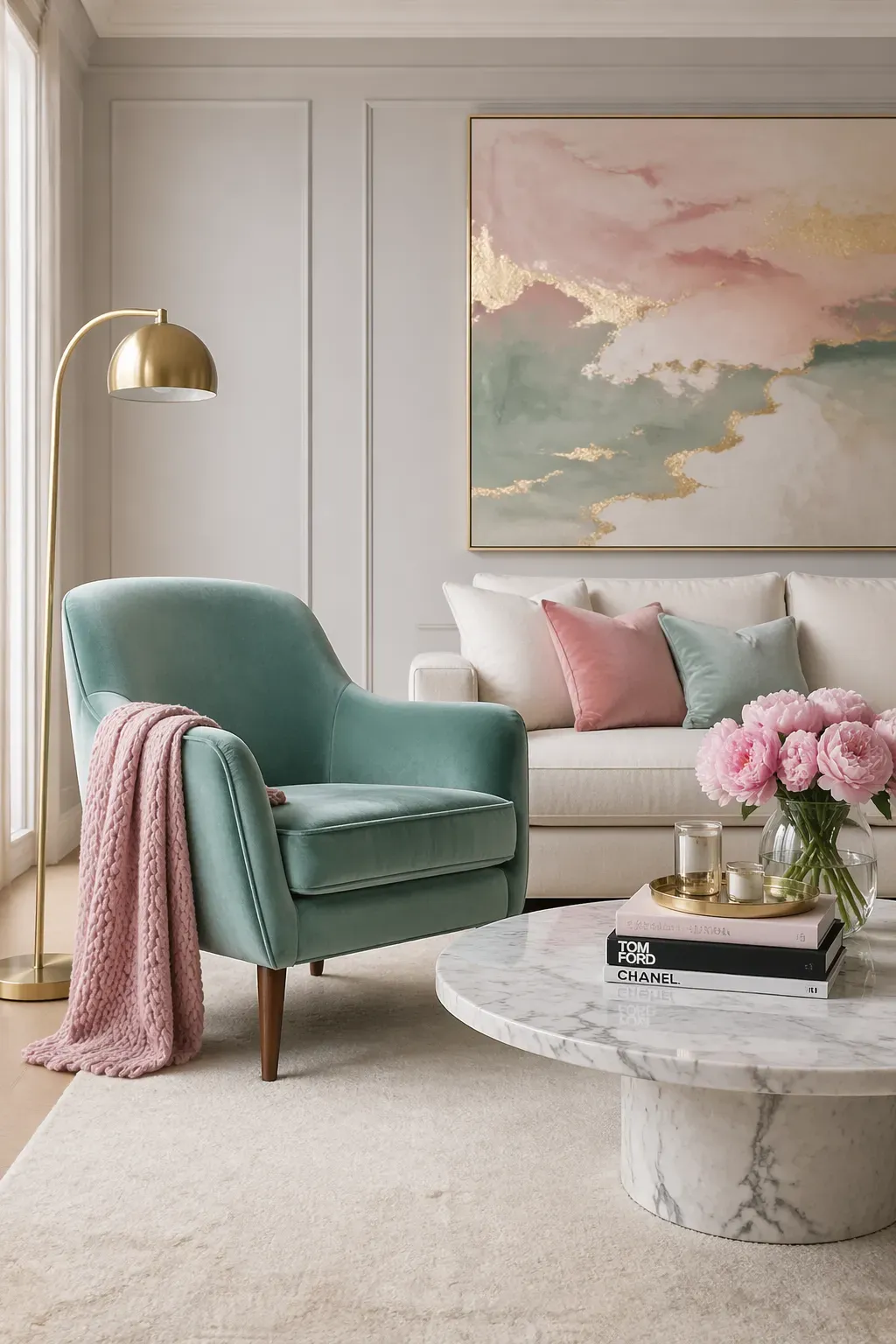 A modern living room featuring a seafoam green armchair with a dusty pink throw blanket.