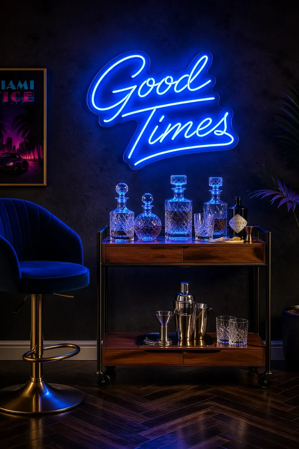 A home bar cart under a glowing blue neon sign against a dark textured wall.