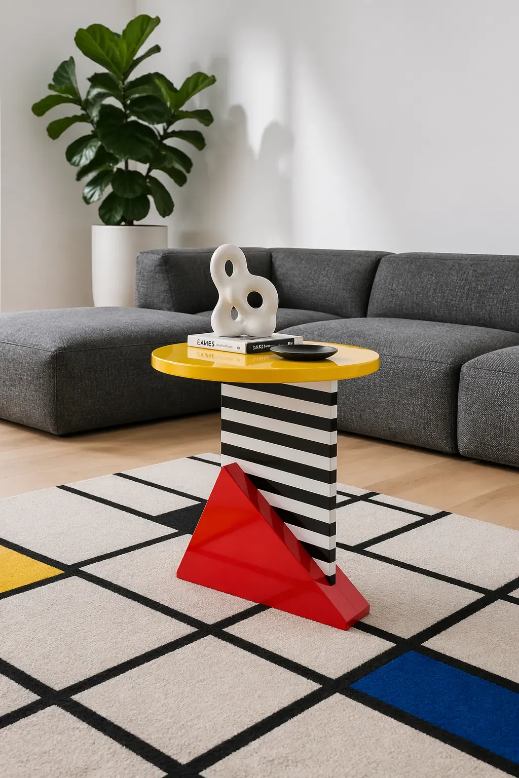 A colorful Memphis-style side table in a modern grey living room with a geometric rug.