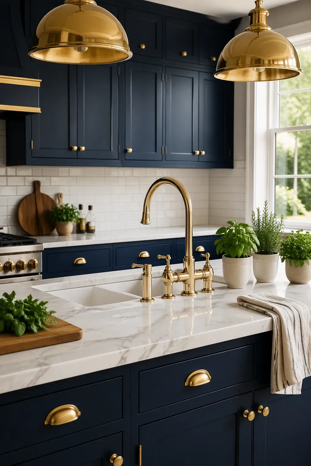 A modern navy blue kitchen with polished brass hardware and a white marble countertop.
