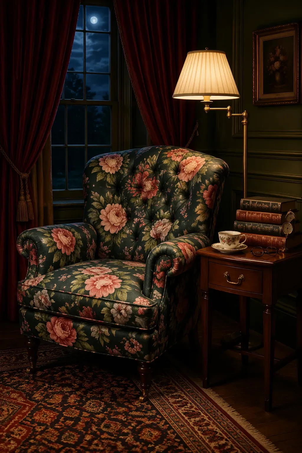 A cozy reading nook with a floral chintz armchair, dark wood table, and burgundy curtains.