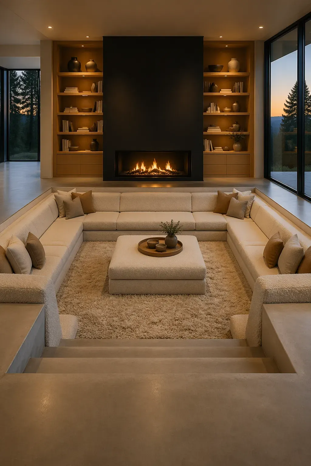 A modern sunken conversation pit with a cream sectional sofa and a central fireplace.