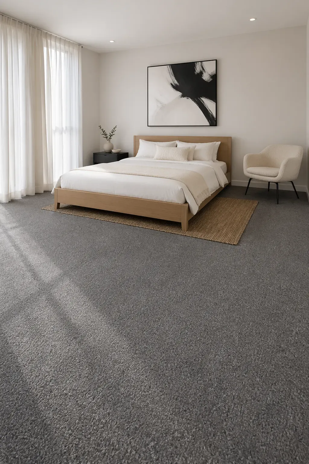 A modern bedroom with wall-to-wall grey carpeting, a light wood bed, and soft natural lighting.