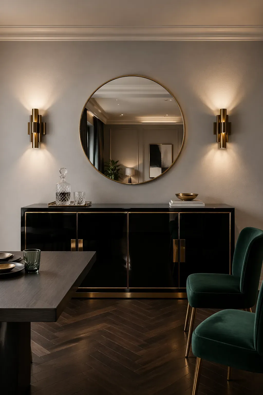A glossy black lacquered sideboard with gold trim in a modern dining room with emerald chairs.