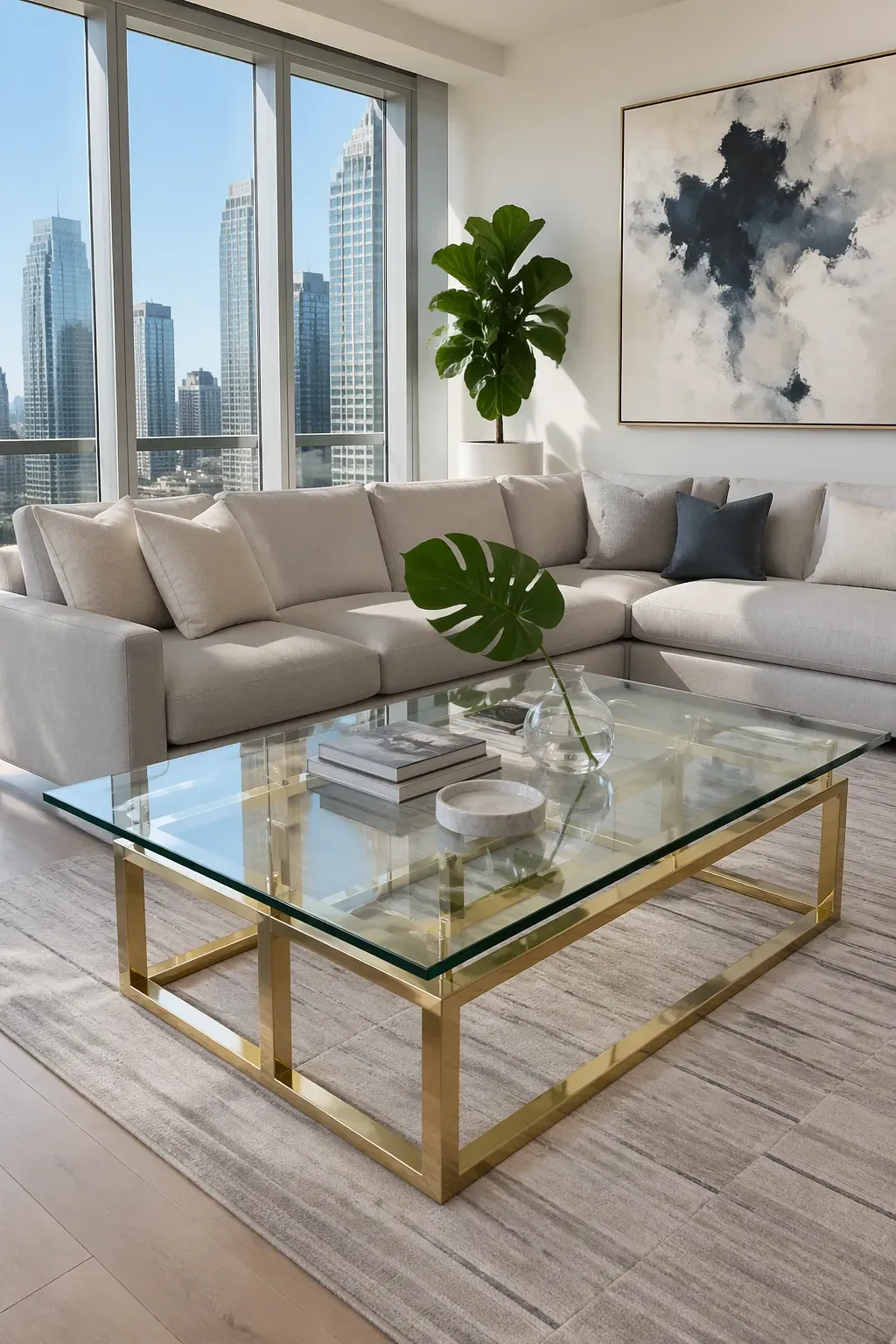 A glass-top coffee table with a brass frame in a bright, modern living room with a grey sofa.