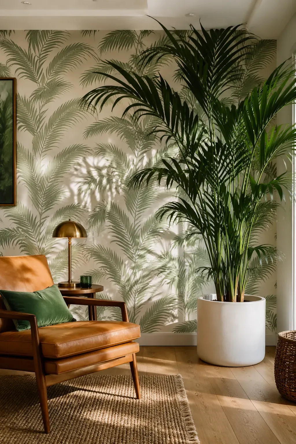 A living room with a large Kentia palm plant and subtle palm leaf wallpaper on an accent wall.
