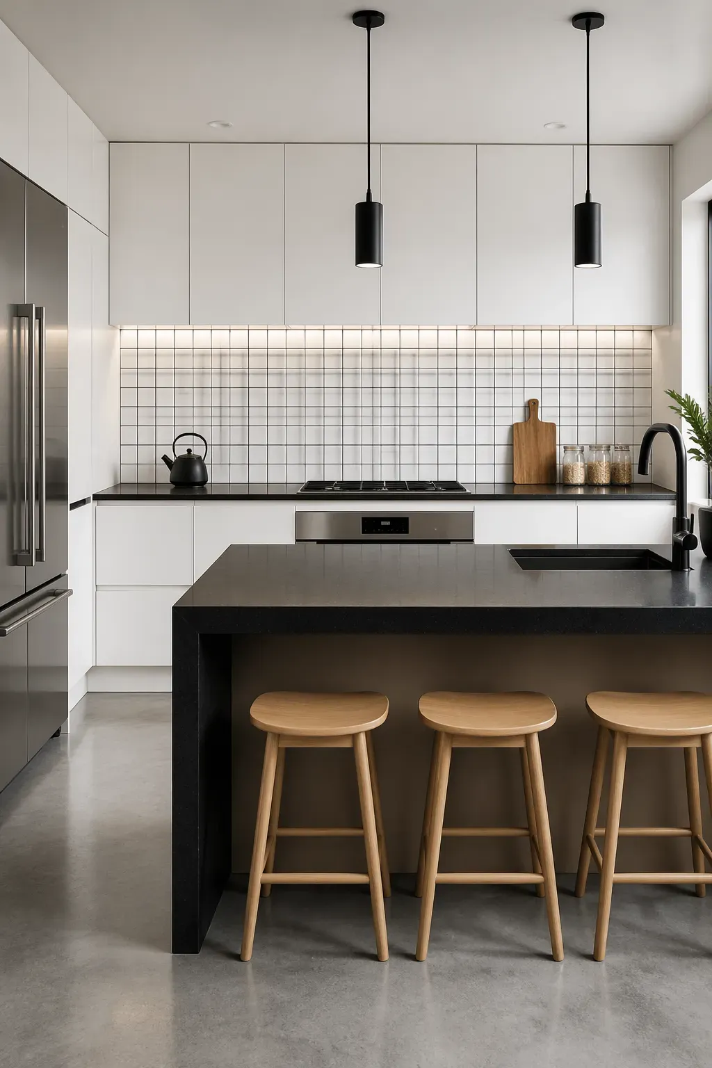 A modern kitchen with a white square tile backsplash and black grout in a grid pattern.