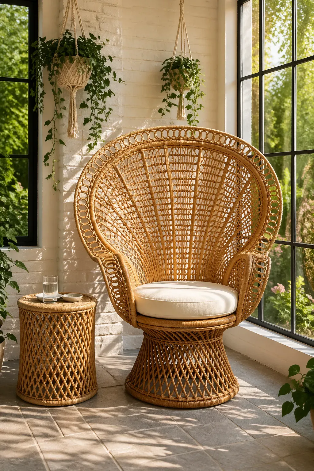 An oversized natural rattan peacock chair in a bright sunroom with white brick walls.