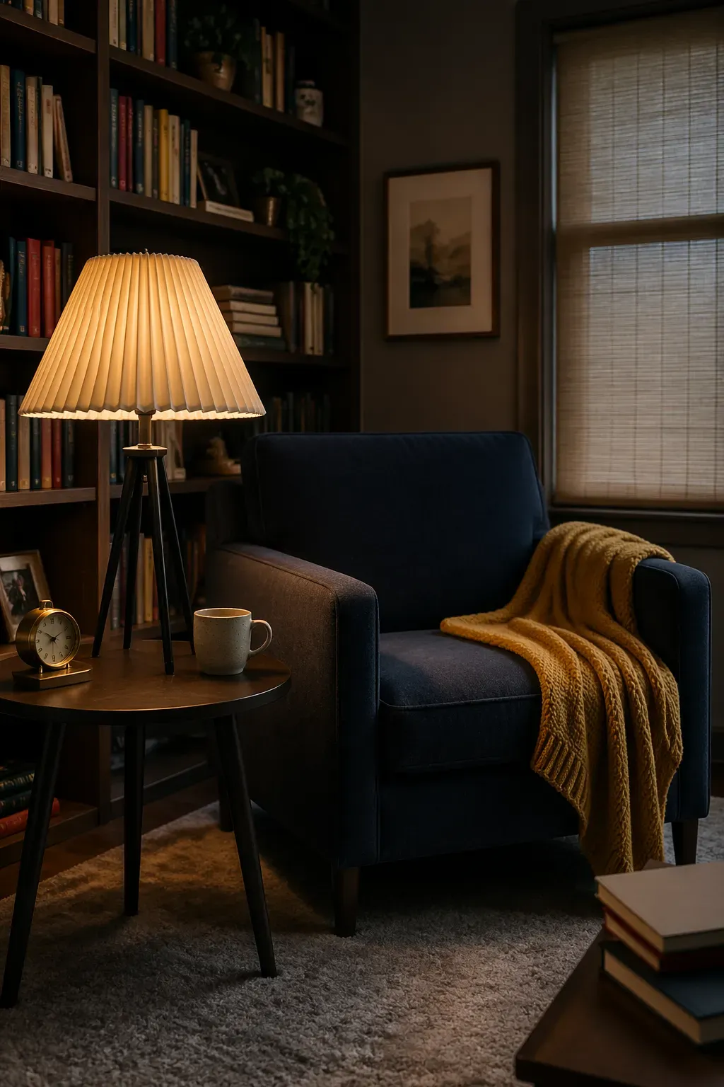 A cream pleated lampshade on a black base next to a navy armchair in a cozy library.
