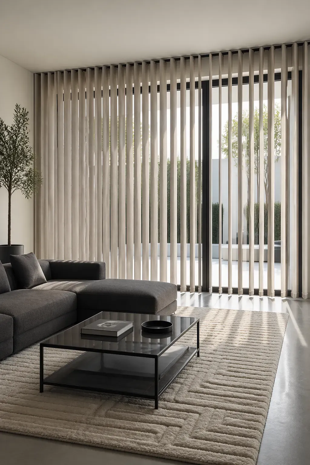 A modern living room with fabric vertical blinds over large sliding glass doors.