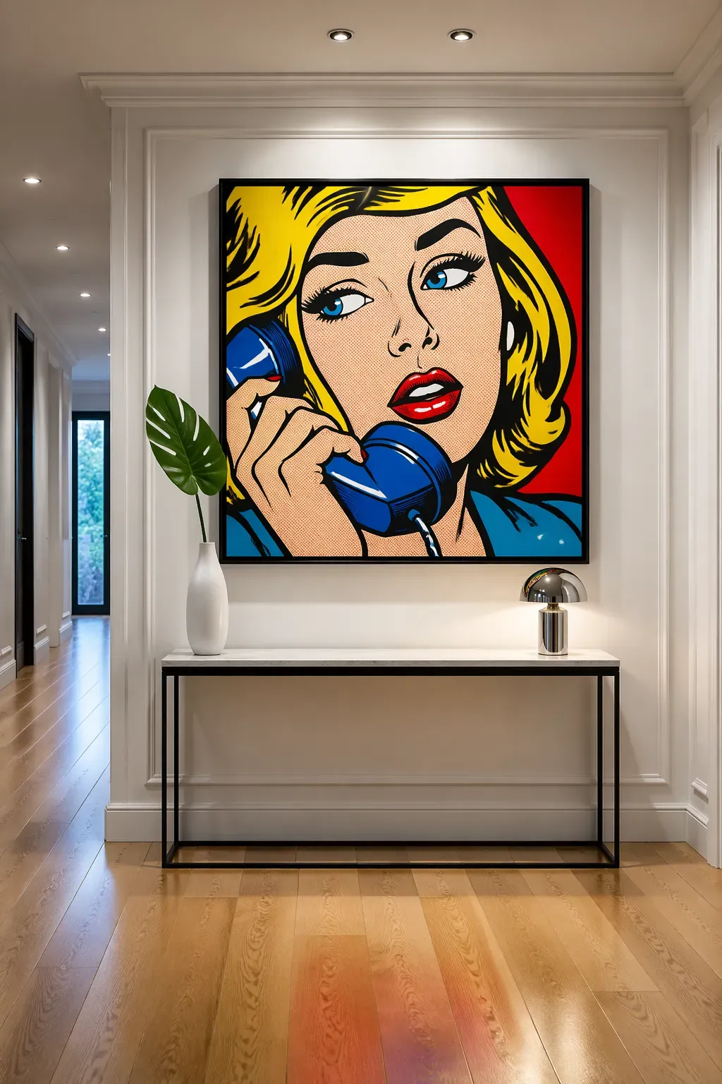 A large, colorful pop art print hanging above a minimalist console table in a modern hallway.