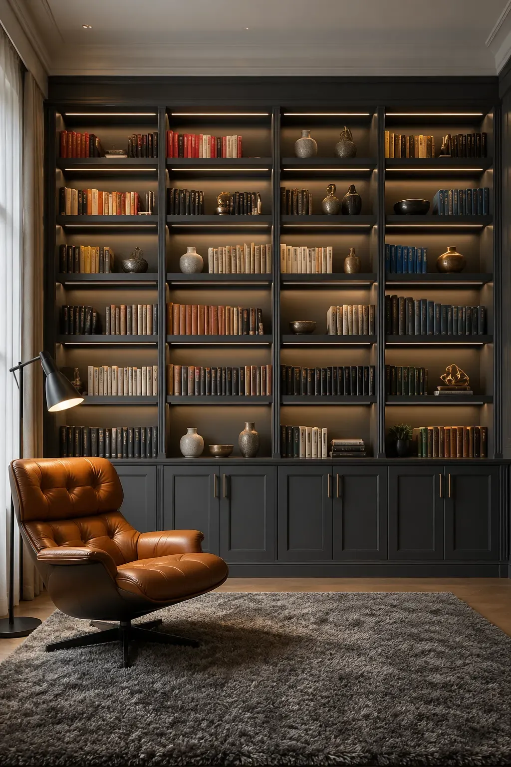 A floor-to-ceiling charcoal grey built-in unit used for books and decor in a modern living room.