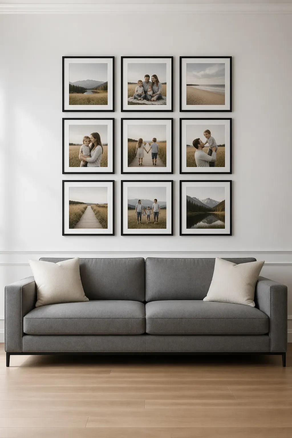 A symmetrical 3x3 grid of identical black frames on a white wall above a gray sofa.