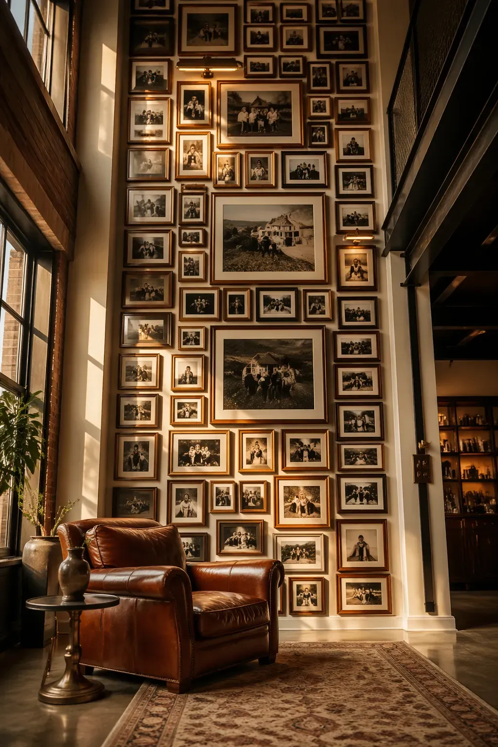 A floor-to-ceiling wall covered in a mix of wood and metal frames next to a leather chair.