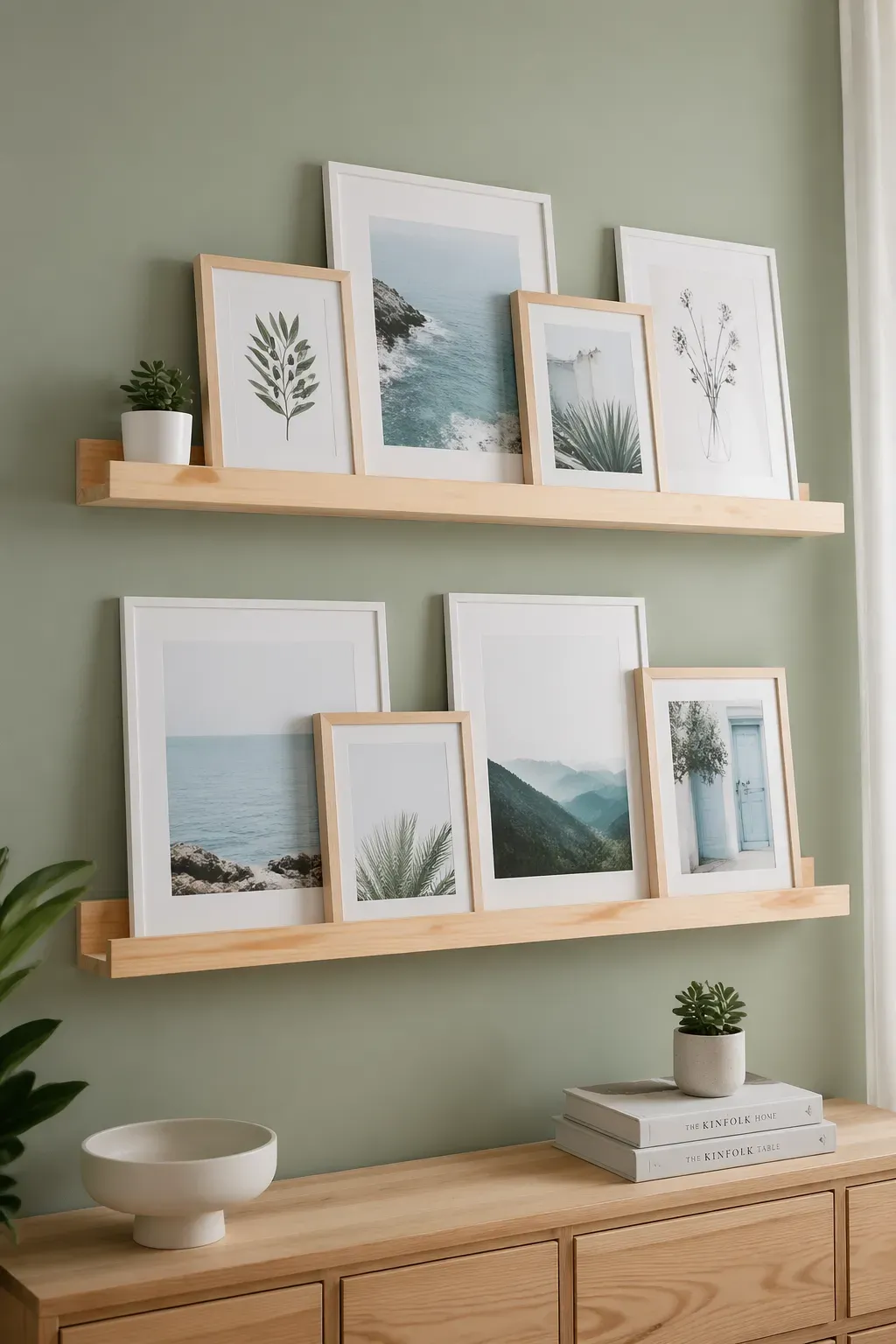 Two wooden ledge shelves on a green wall holding overlapping framed family photos.