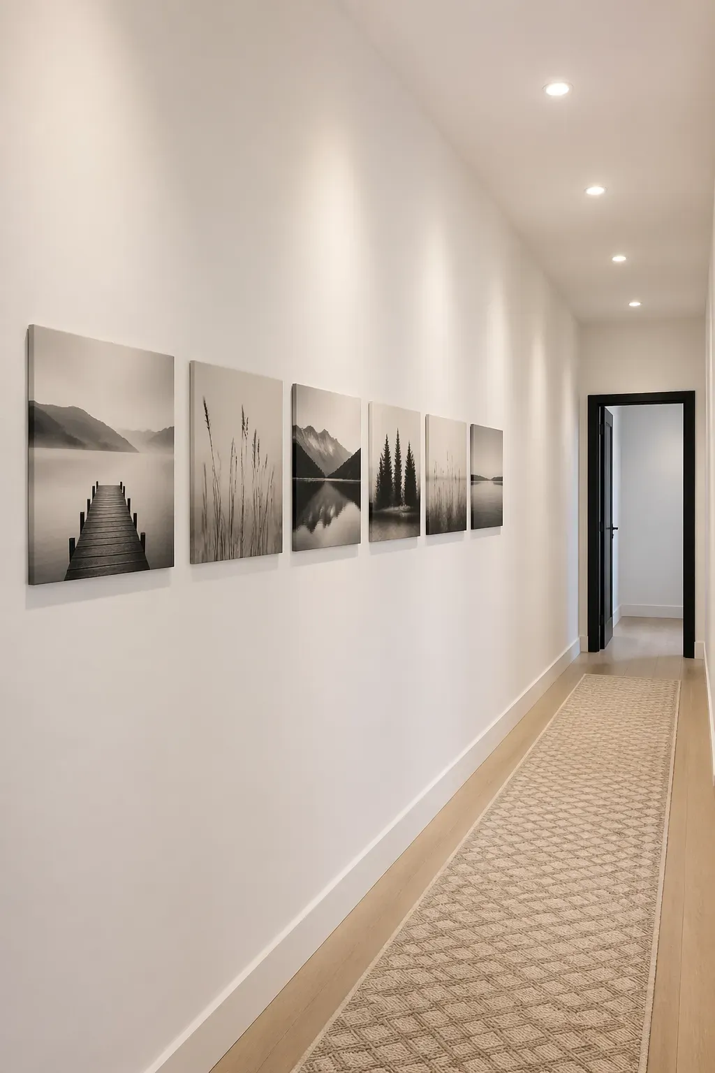 A clean row of six square frameless photo tiles on a white hallway wall.