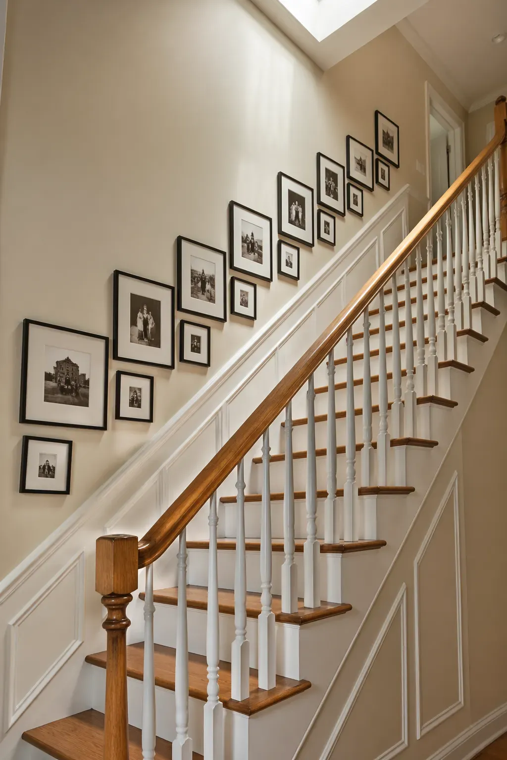 A gallery wall of black framed photos following the upward slope of a wooden staircase.