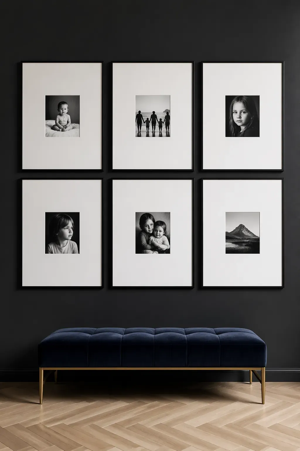 Sophisticated black and white family photos with wide white matting on a charcoal wall.