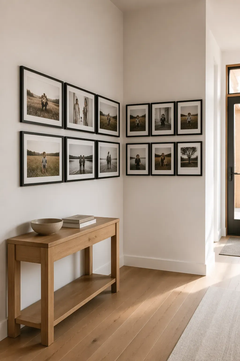 A corner gallery wall with black-framed family photos wrapping around a 90-degree wall turn.