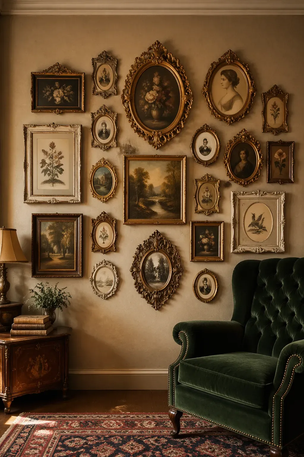 A wall covered in an eclectic mix of ornate vintage and antique frames in various shapes.