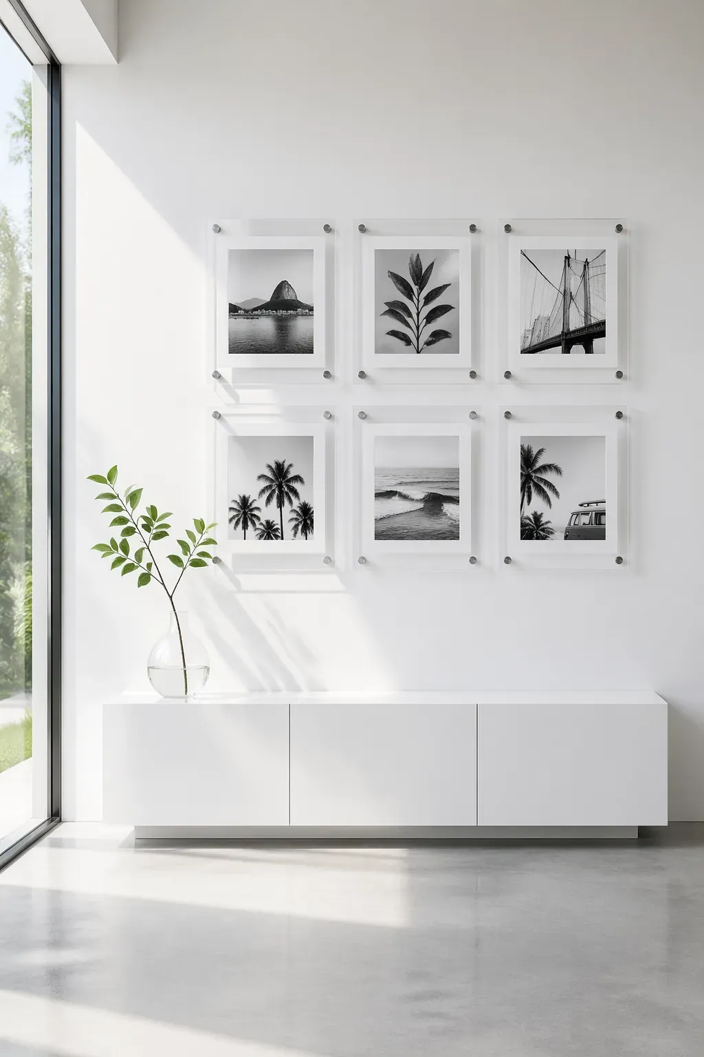 Minimalist floating acrylic frames with silver hardware arranged in a grid on a white wall.
