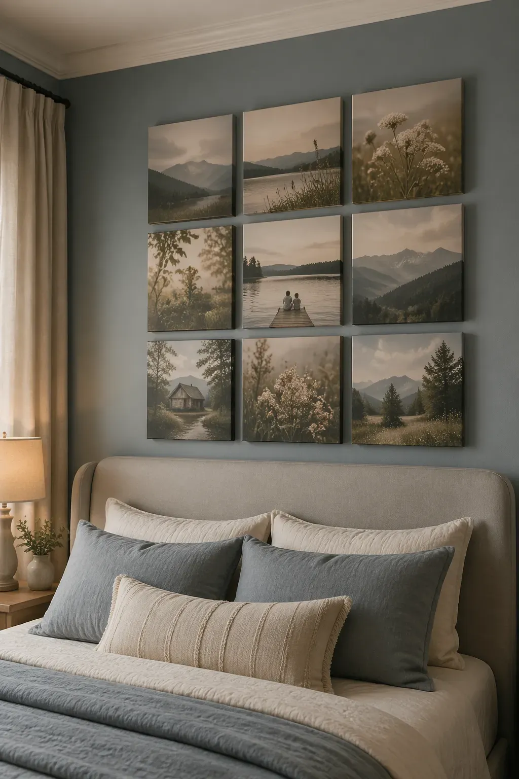 A tight cluster of frameless canvas family prints hanging above a bed in a cozy bedroom.