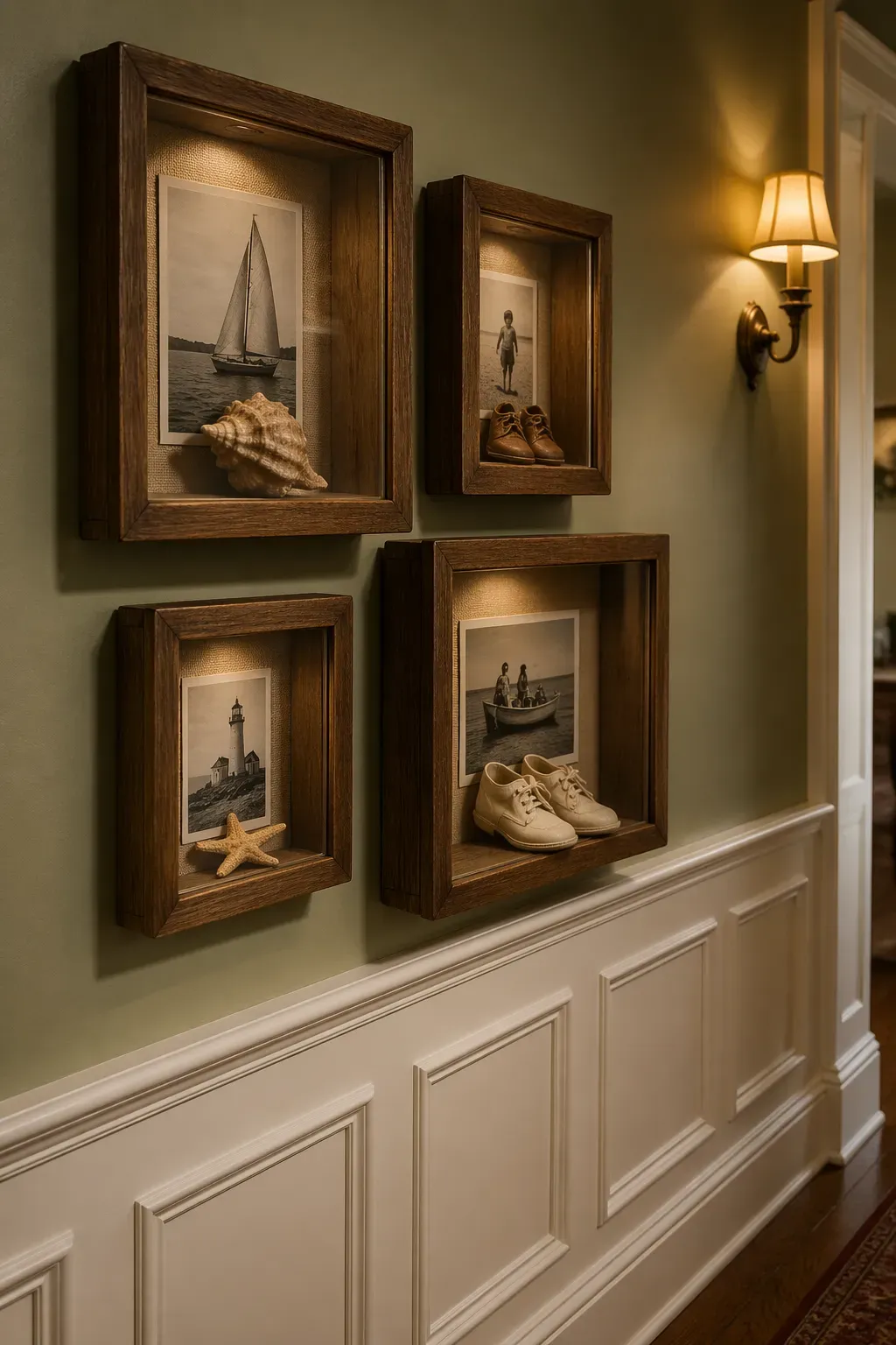Deep shadow boxes on a wall containing family photos and small physical keepsakes.