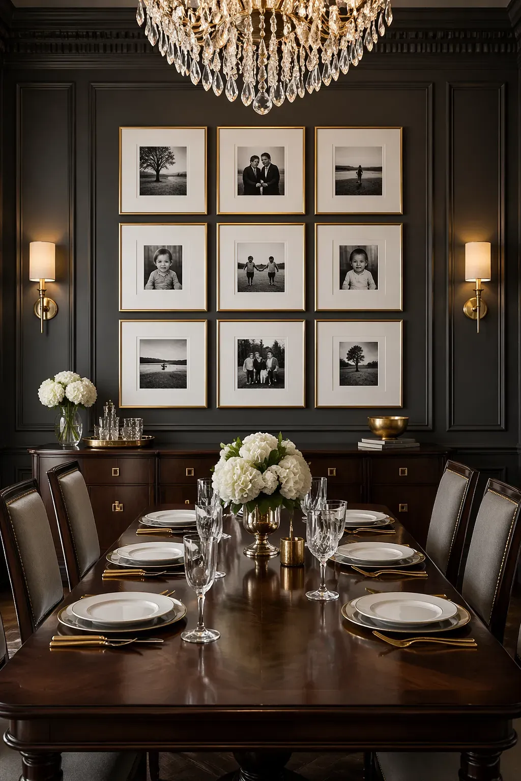 A formal dining room with a monochrome gallery wall featuring black and white photos in gold frames.