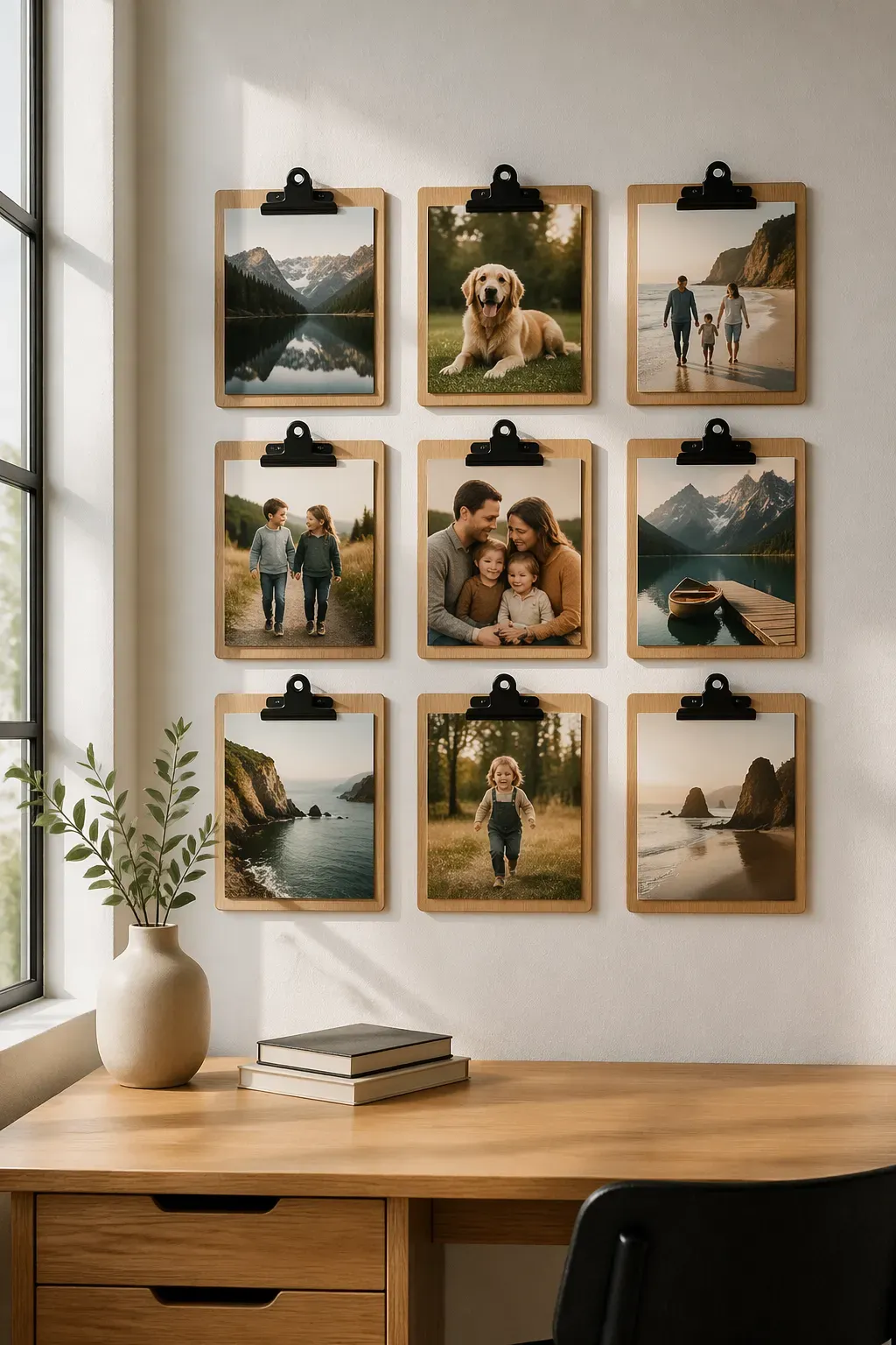 A 3x3 grid of wooden clipboards on a white wall displaying various family photos above a light oak desk.