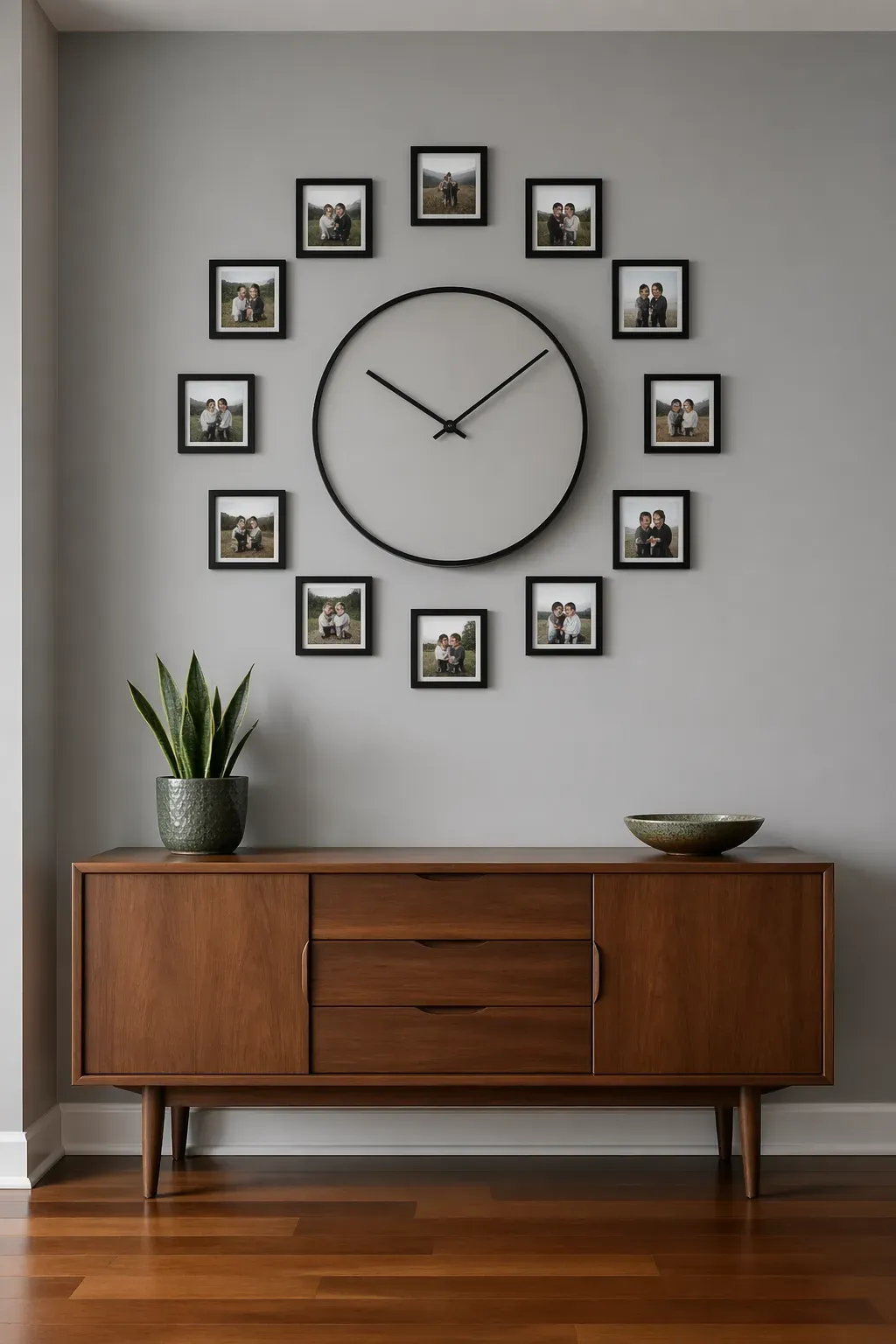 A large wall clock surrounded by twelve small framed photos arranged in a circle on a gray wall.