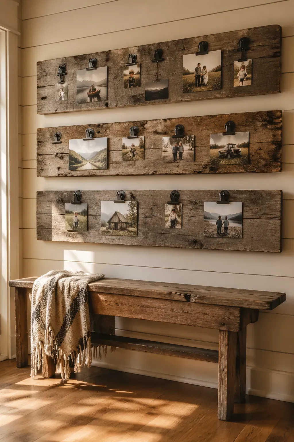 Horizontal reclaimed wood planks with metal clips holding family photos on a cream shiplap wall.