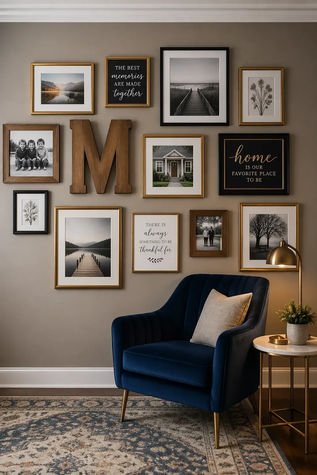 A gallery wall with family photos, a large wooden letter, and a quote sign above a navy velvet chair.