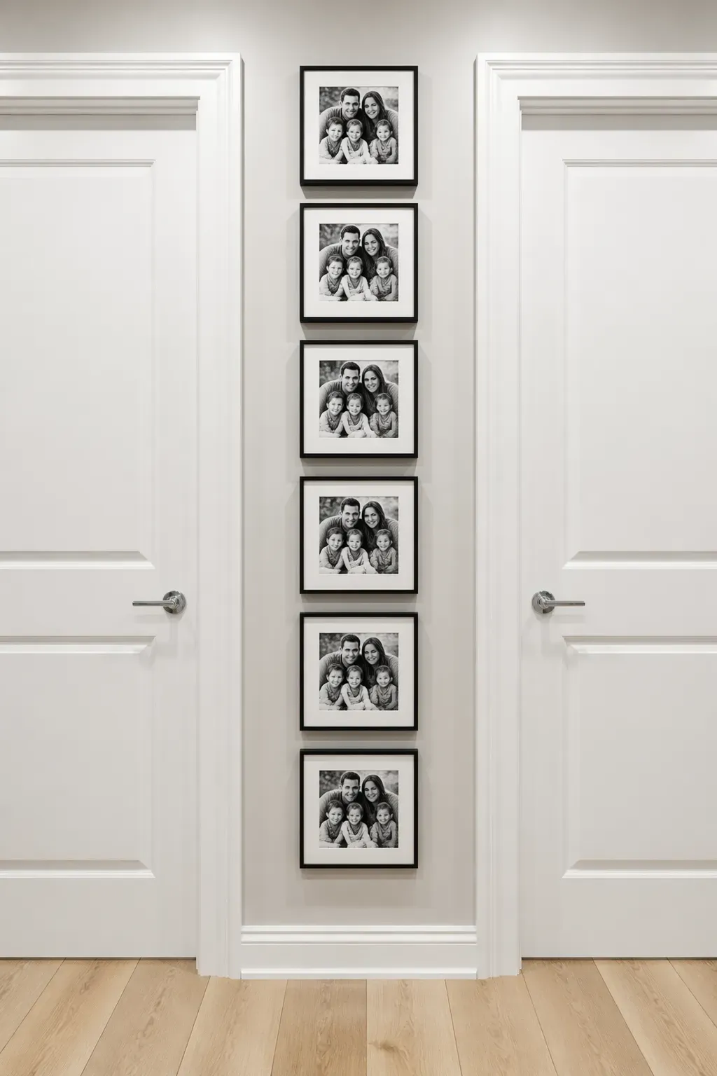 A vertical row of six identical black frames stacked on a narrow wall between two white doors.