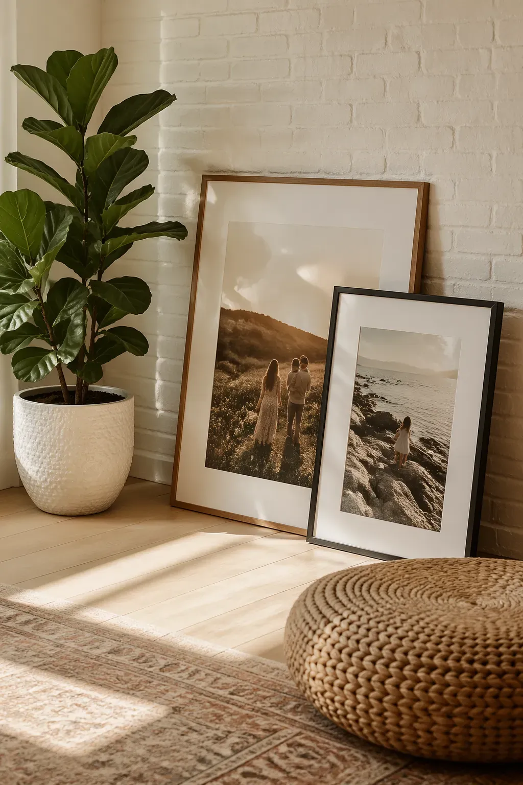 Two large framed family photos leaning against a white brick wall next to a large potted plant.