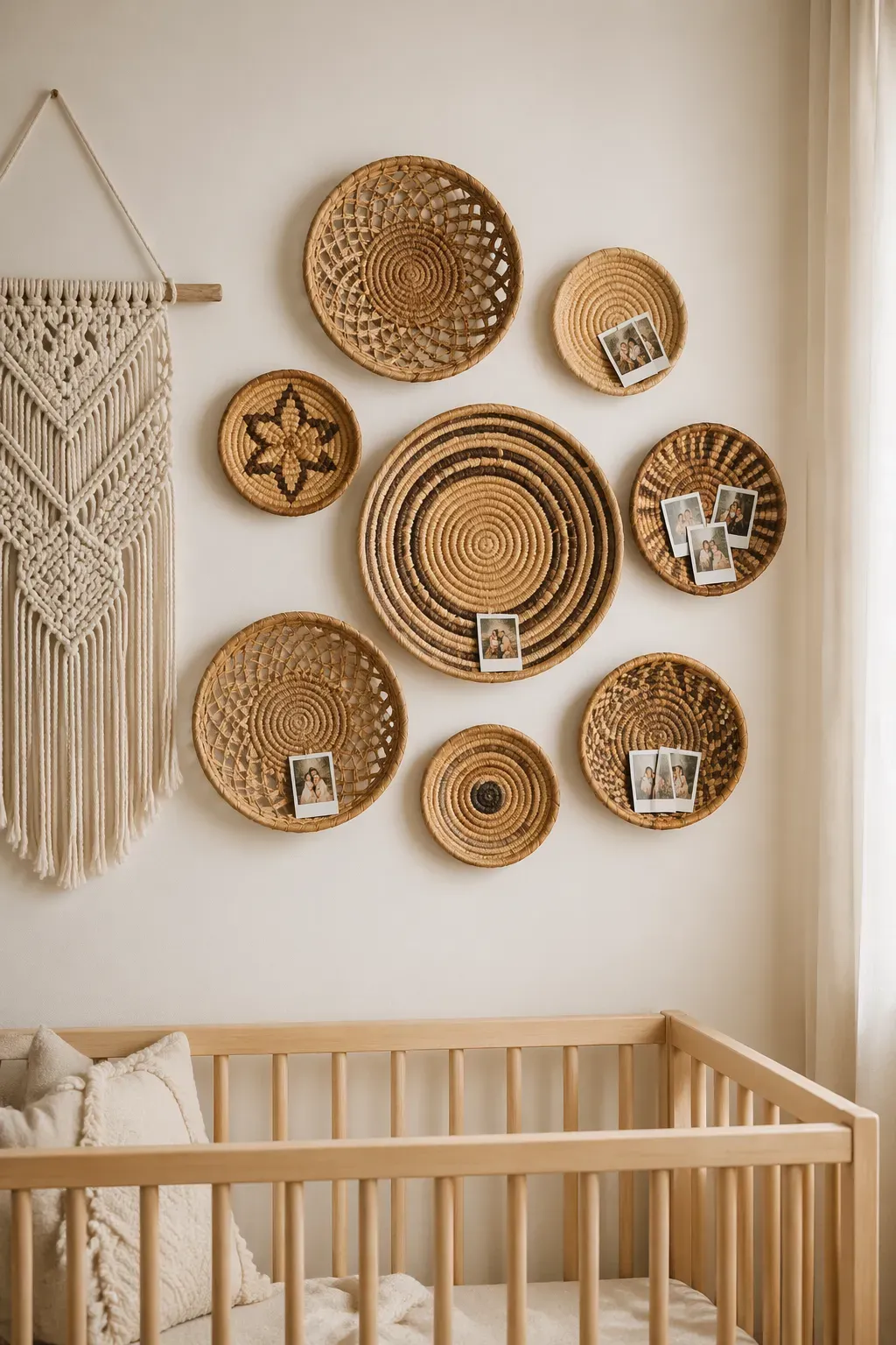 A collection of woven wall baskets with small Polaroid photos tucked into the weaves on a white wall.