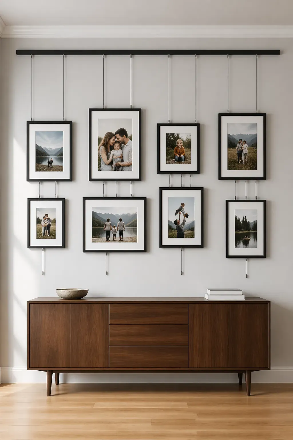 A modern gallery wall with black rails and hanging wires displaying family photos.