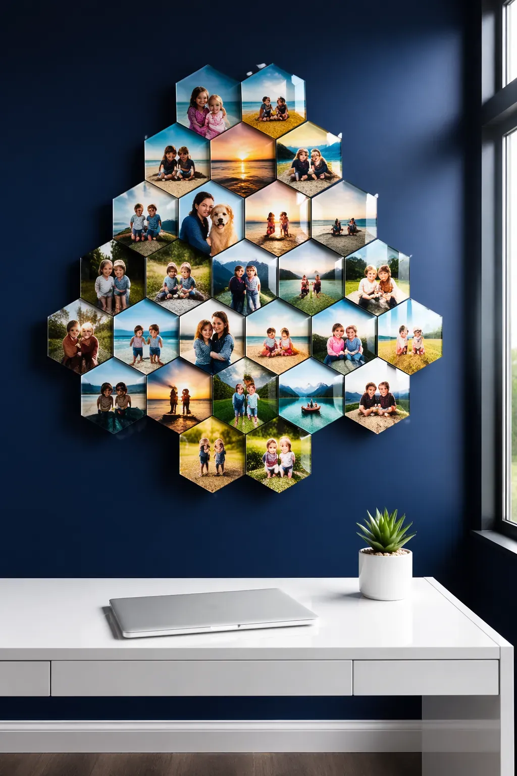 Glossy hexagon photo tiles arranged in a honeycomb pattern on a navy blue wall.