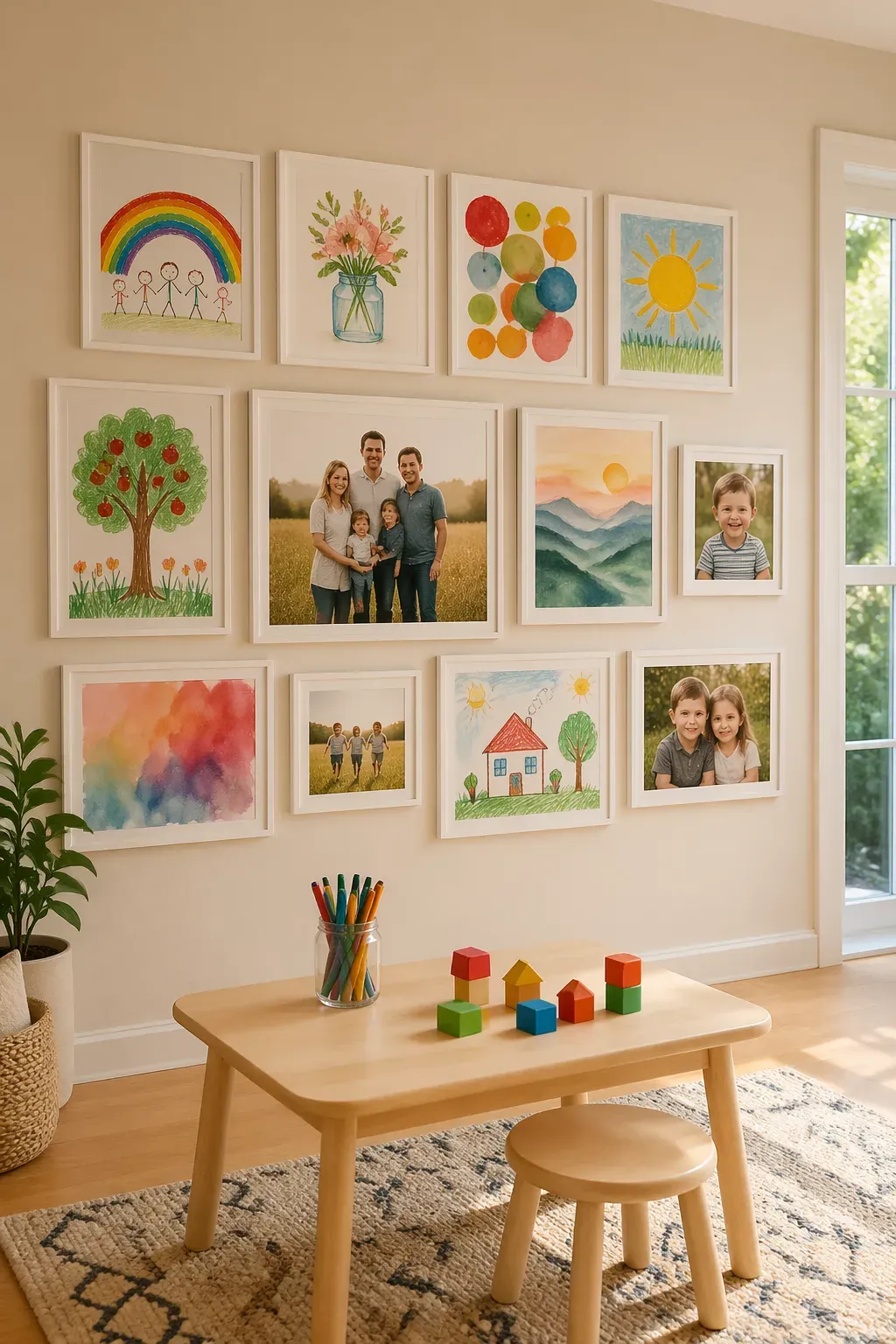 A gallery wall mixing framed children's drawings with family portraits in white frames.