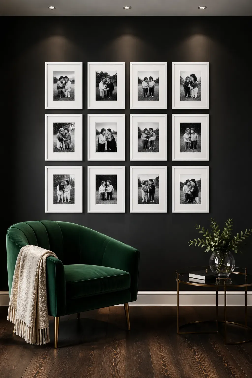 A dark charcoal wall featuring a symmetrical grid of bright white family photo frames.