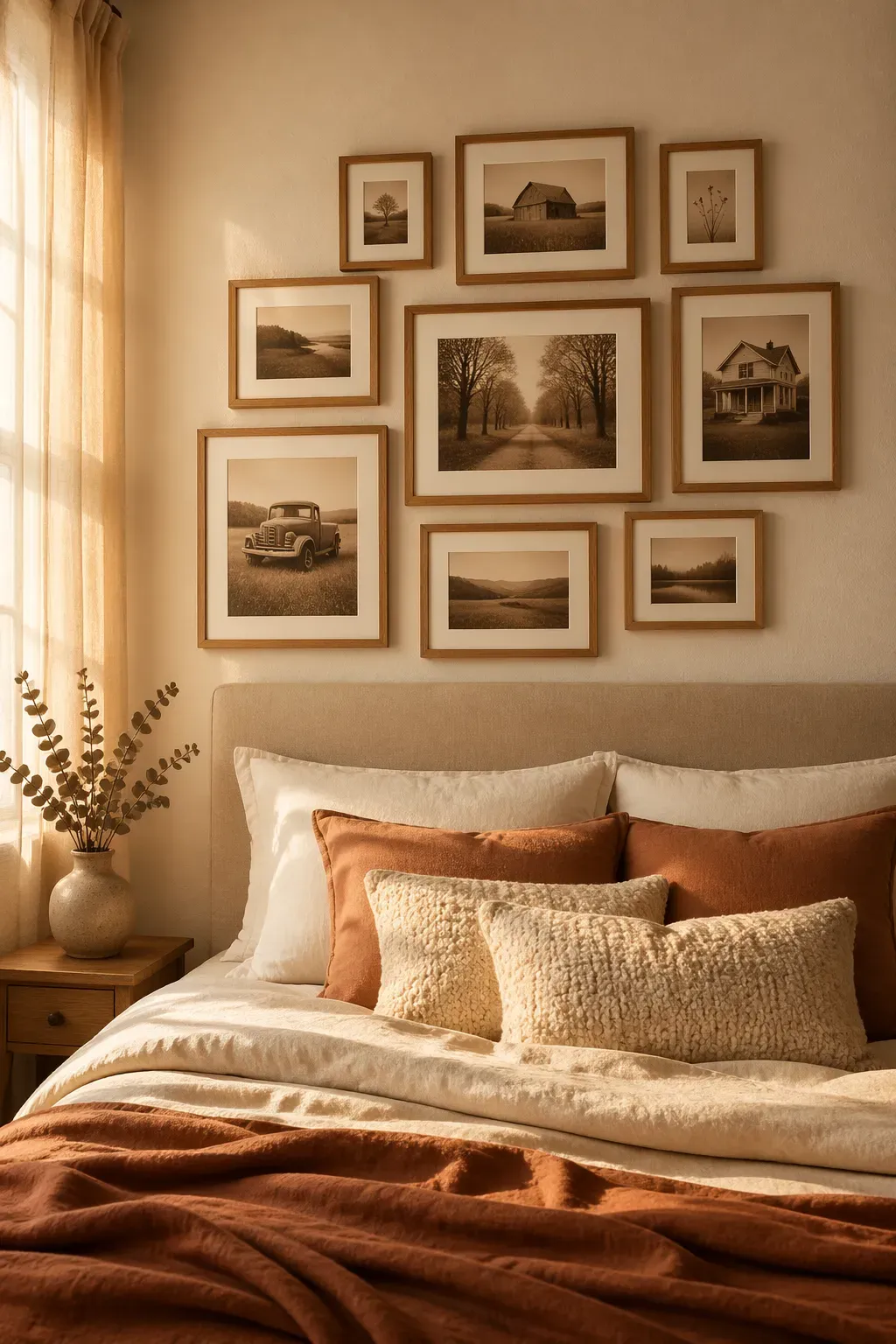 Sepia-toned family photos in natural oak frames hanging above a cozy bed.