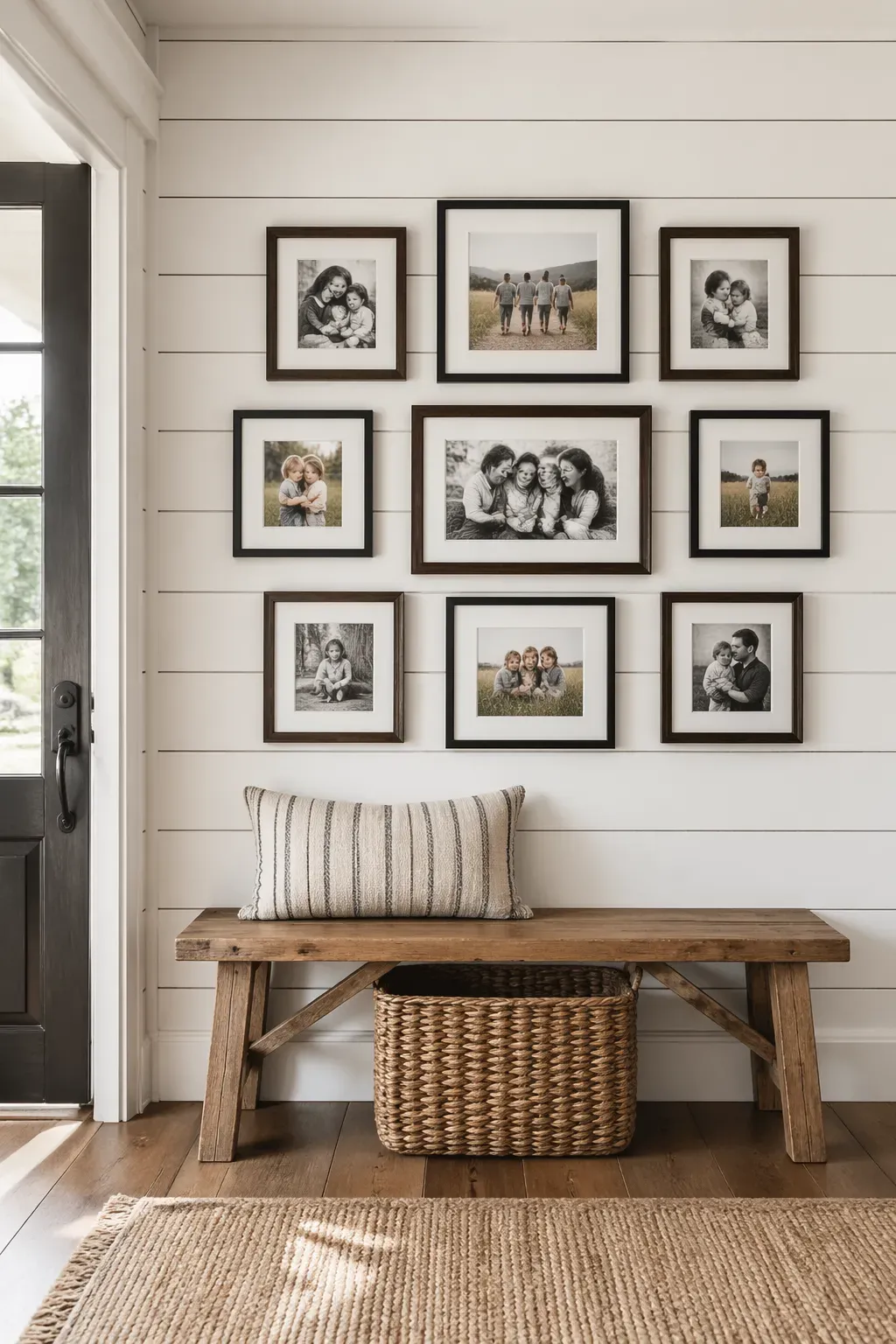 A white shiplap wall in an entryway decorated with family photos in dark frames.