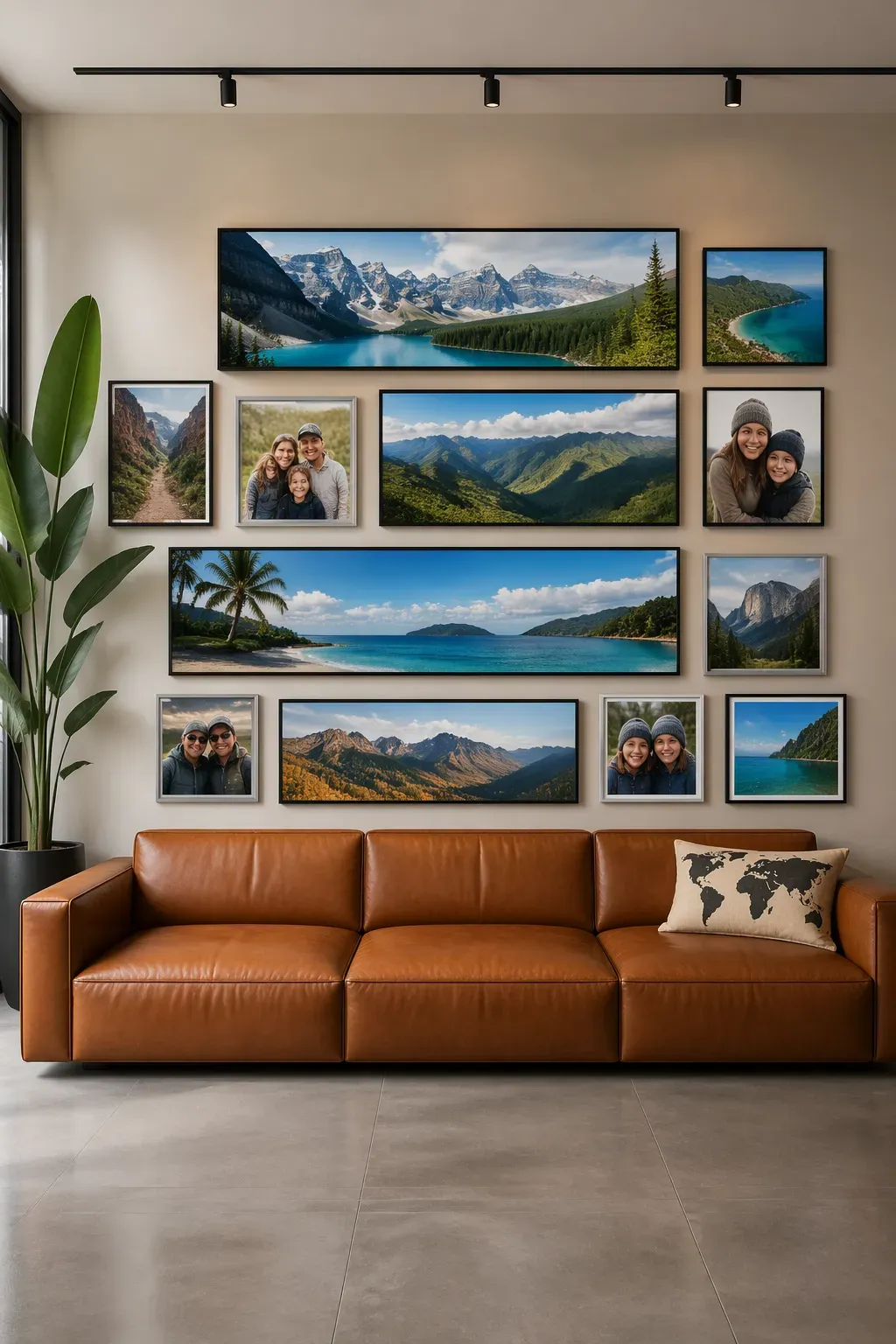 A large gallery wall featuring a mix of panoramic landscape photos and family portraits.