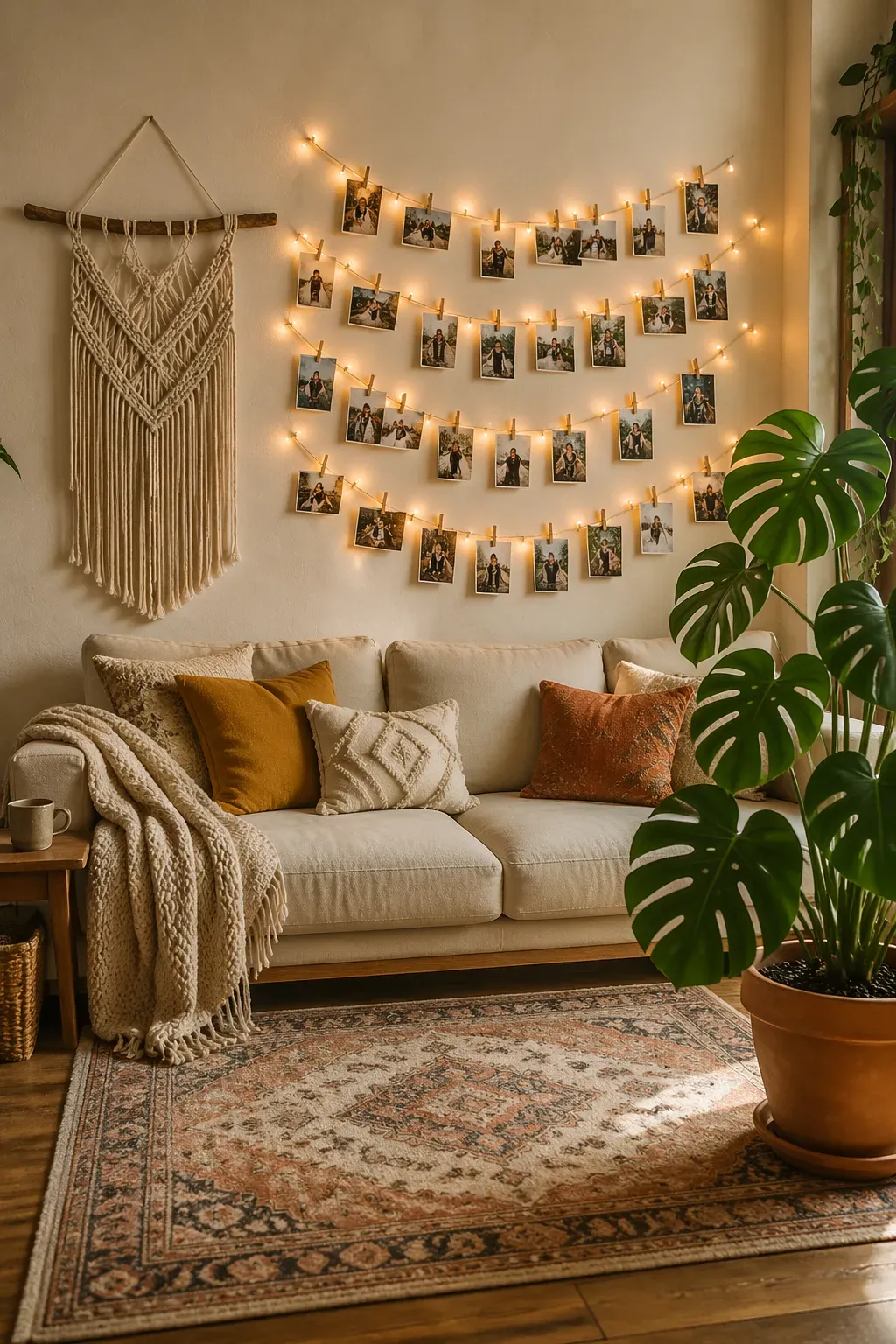 A cozy living room with family photos clipped to glowing string lights above a linen sofa.