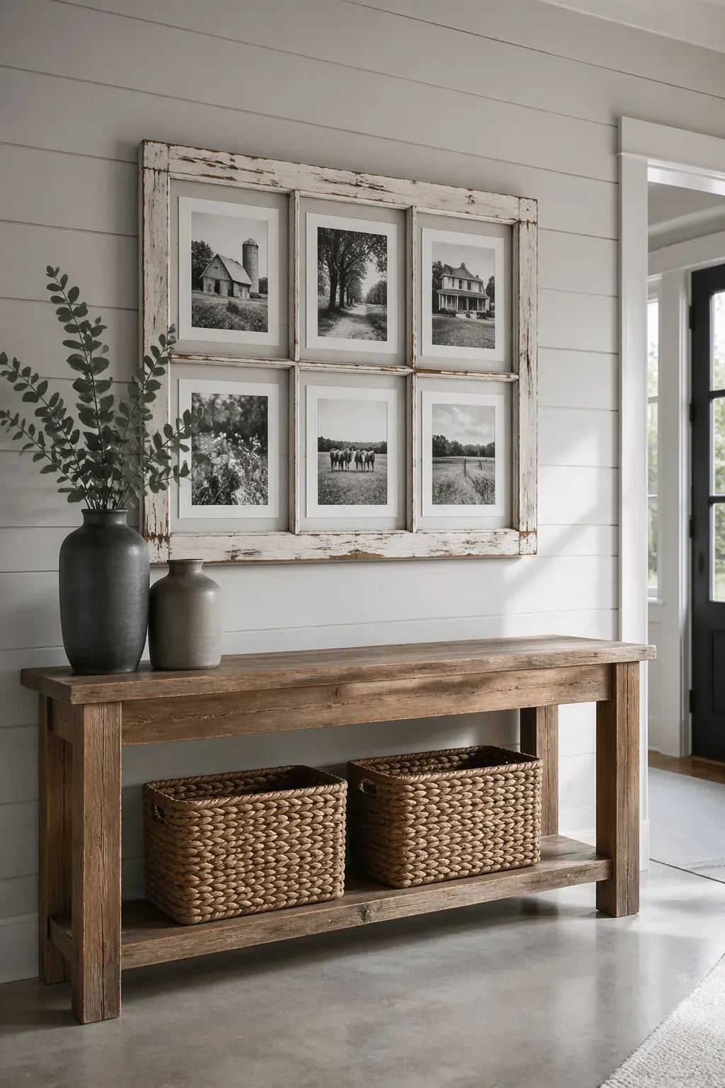 An old white window frame used as a photo grid above a rustic console table in a farmhouse hallway.