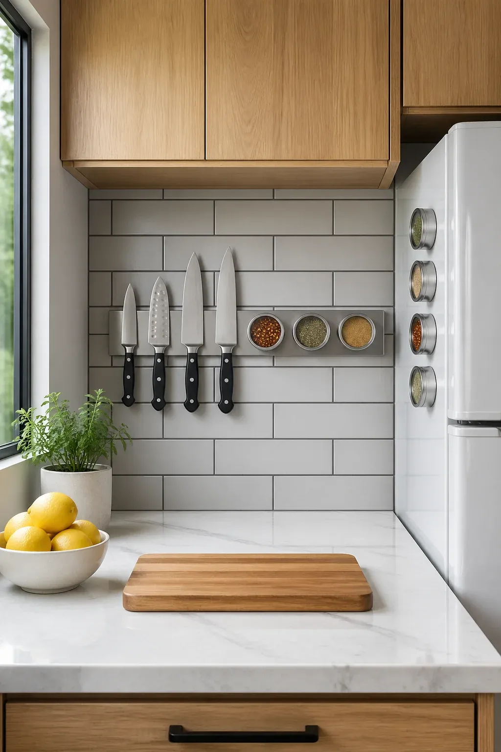 A magnetic knife strip and metal spice tins mounted on a tiled backsplash in a tiny house kitchen.